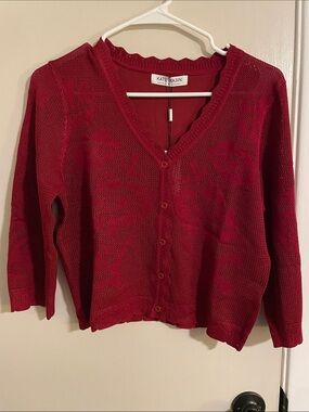 Kate Kasin Red Floral V-Neck Button Cardigan